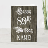 89誕生日:,ファンシーエレガント文字フェイク; Wood Look カード (正面)