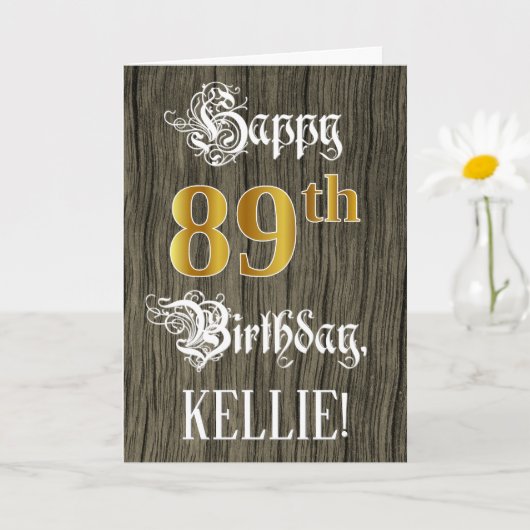 89誕生日:フェイク金ゴールドルック+木フェイク模様 カード (小さな植物)