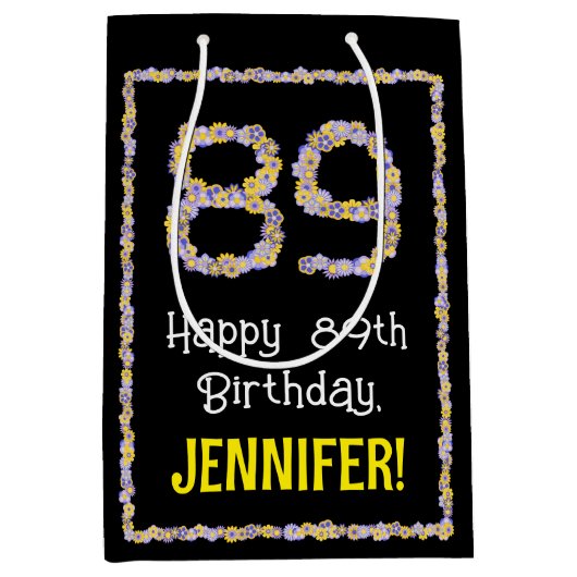 89誕生日:フローラ花数名前をカスタムする ミディアムペーパーバッグ (正面)