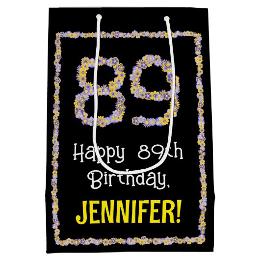 89誕生日:フローラ花数名前をカスタムする ミディアムペーパーバッグ (裏面)