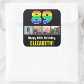 89誕生日：レインボー「89」、写真カスタムと名前 スクエアシール (バッグ)