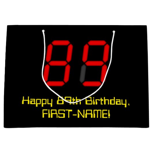 89誕生日:レッドデジタルクロックスタイル"89" +名前 ラージペーパーバッグ (正面)