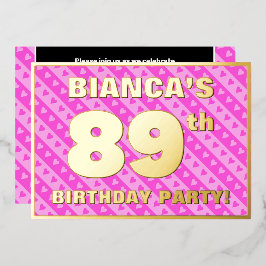 89th Birthday Party —おもしろいピンクのハートとストライプ 箔招待状