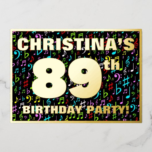 89th Birthday Party —おもしろい、音楽シカラフルンボル 箔招待状 (正面)