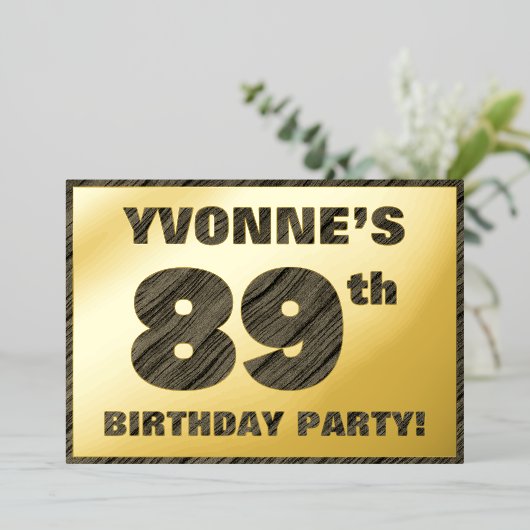 89th Birthday Party — はっきりしたWood Grainフェイク文字 箔招待状 (立ち正面)