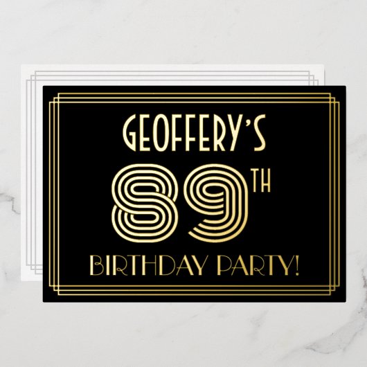 89th Birthday Party —アールデコスタイル「89」 +名前 箔招待状 (正面/裏面)