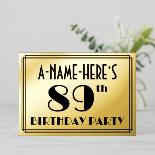 89th Birthday Party —アールデコルック「89」 +名前 箔招待状 (立ち正面)