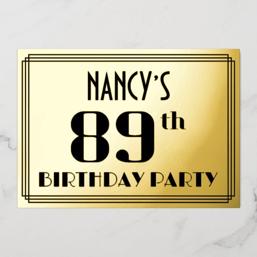 89th Birthday Party:アールデコ「89」と名前 箔招待状 (正面)