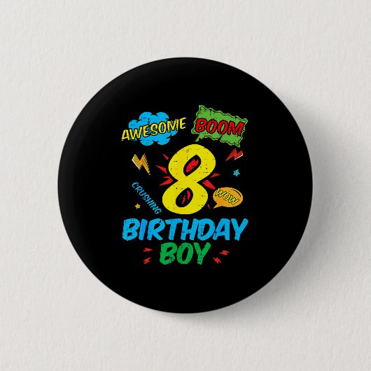 8 Birthday Boy Comic Cool 8th Bday Superhero Party 缶バッジ (正面)