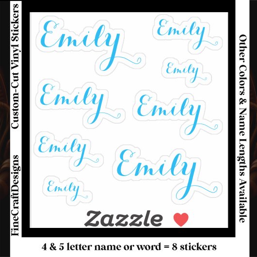 8 Custom Name Word, 4-5 letters Elegant Script Blu シール