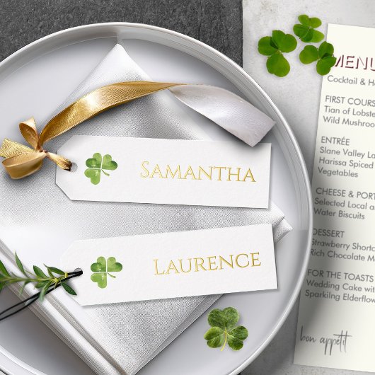 8 Irish Shamrockの結婚ゴールドフォイルフォント名札 箔シーズンカード