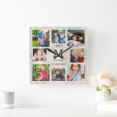 8 Photo Collage Family Quote Natural Wood Monogram スクエア壁時計 (ホーム)
