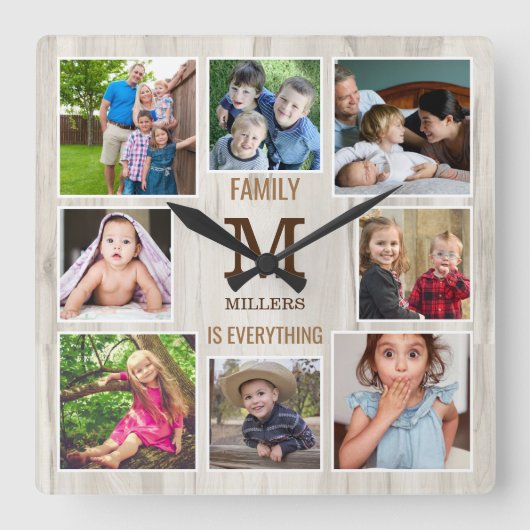 8 Photo Collage Family Quote Natural Wood Monogram スクエア壁時計 (正面)