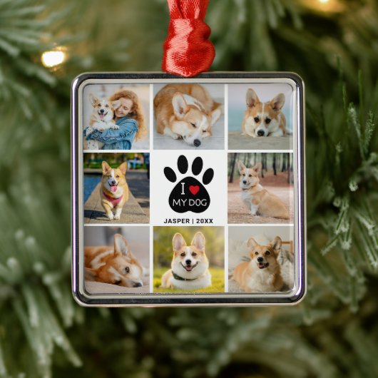 8 Photo Collage I Love My Dogハートポープリント メタルオーナメント (ツリー)