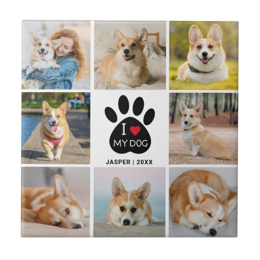 8 Photo Collage I Love My Dog Paw Print タイル (正面)