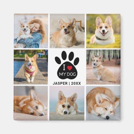 8 Photo Collage I Love My Dog Paw Print マグネット (正面)