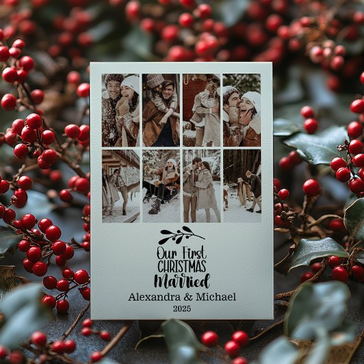 8 Photo Minimialist Our First Christmas Married シーズンカード