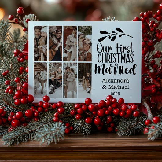 8 Photo Minimialist Our First Christmas Married シーズンカード