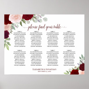 8 Table Burgundy, Red & Pink Roses Seating Chart ポスター