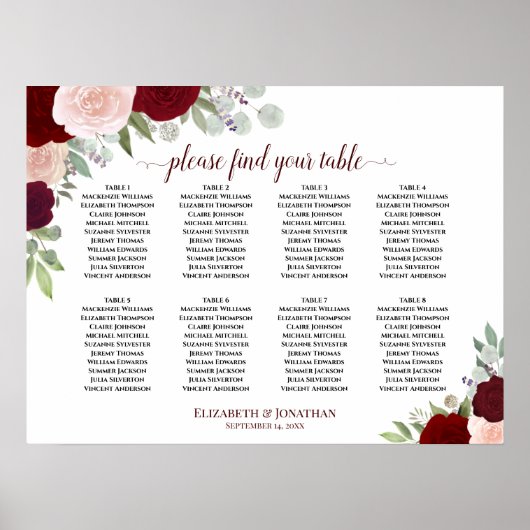 8 Table Burgundy, Red & Pink Roses Seating Chart ポスター (正面)