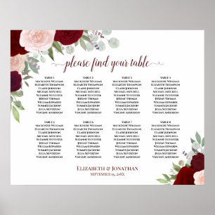 8 Table Burgundy, Red & Pink Roses Seating Chart ポスター