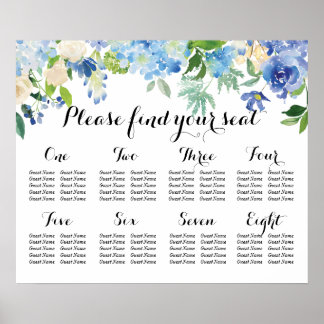 8 Table Seating Chart - Blue Florals and Hydrangea ポスター