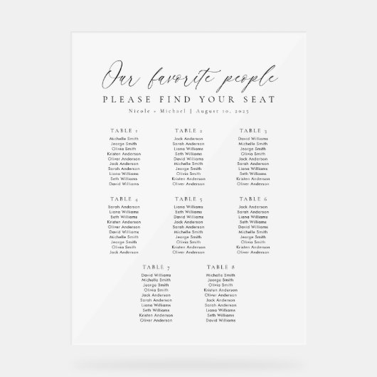 8 Tables Favorite People Acrylic Seating Chart アクリルサイン (正面)