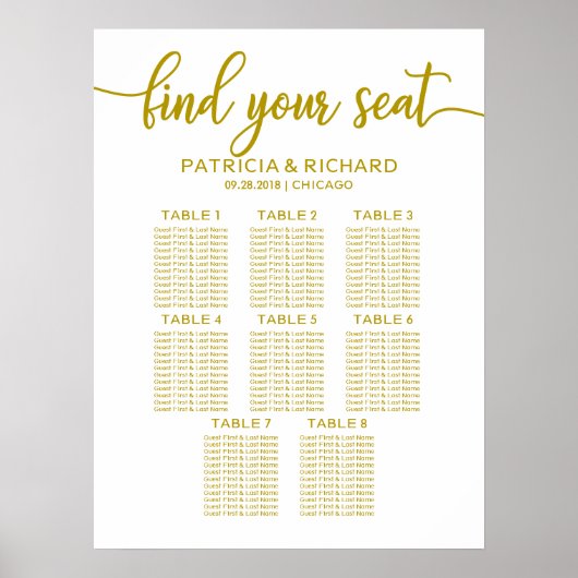 8 Tables Wedding Seating Chart Gold Calligraphy ポスター (正面)