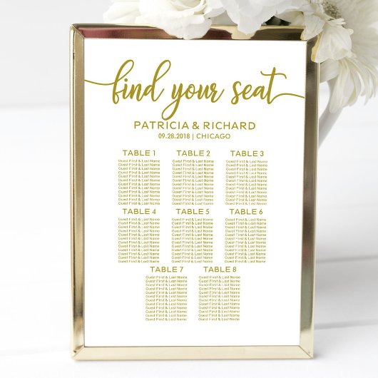 8 Tables Wedding Seating Chart Gold Calligraphy ポスター