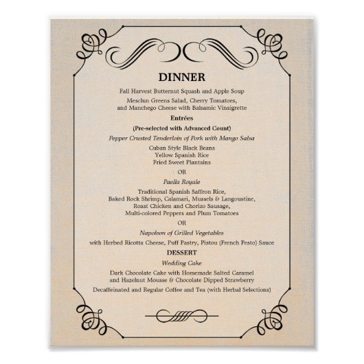 8 x 10ヴィンテージリネンのテーブルディナーメニュー フォトプリント (正面)