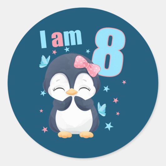 8 Years old 8 birthday outfit Boy girl Penguin  ラウンドシール (正面)