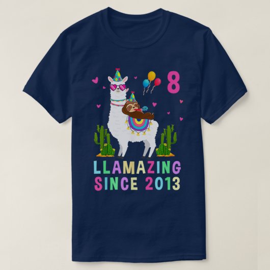 8 Years Old 8th Birthday Sloth Riding Llama Girls Tシャツ (デザイン正面)