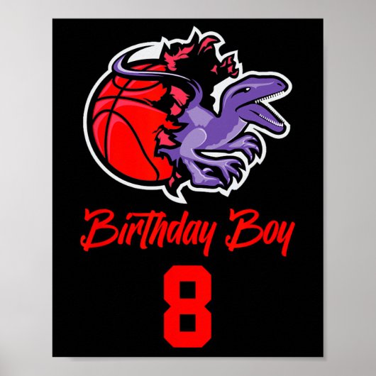 8 Years Old Birthday Boy For Bysketbyll And Dinosa ポスター (正面)