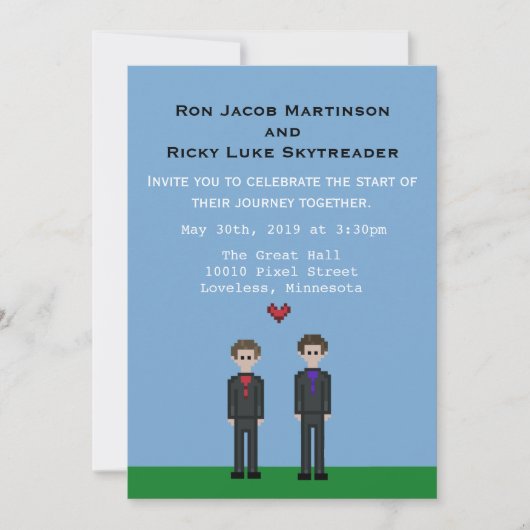 8bitピクセル陽気なゲーマーの新郎及び新郎の結婚式の招待 招待状 (正面)