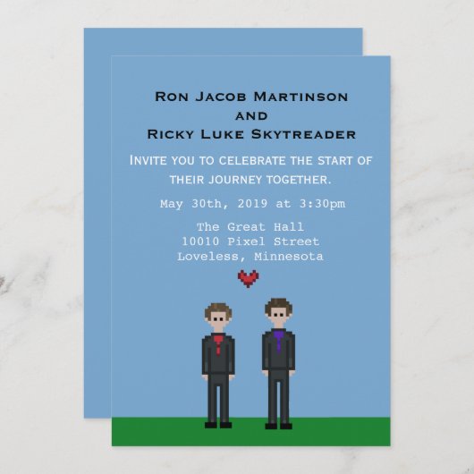8bitピクセル陽気なゲーマーの新郎及び新郎の結婚式の招待 招待状 (正面/裏面)