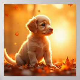 8K- Golden Retriever in Autumn Maple Leaves ポスター