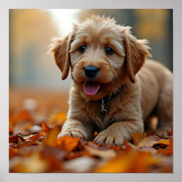 8K Hyper-Realistic Puppy in Autumn Maple Leaves ポスター
