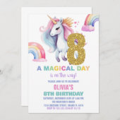 8thレインボーユニコーン誕生日招待状グリッター 招待状 (正面/裏面)