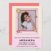 8th誕生日の招待レトロGroovyピンクフローラ 招待状 (正面/裏面)