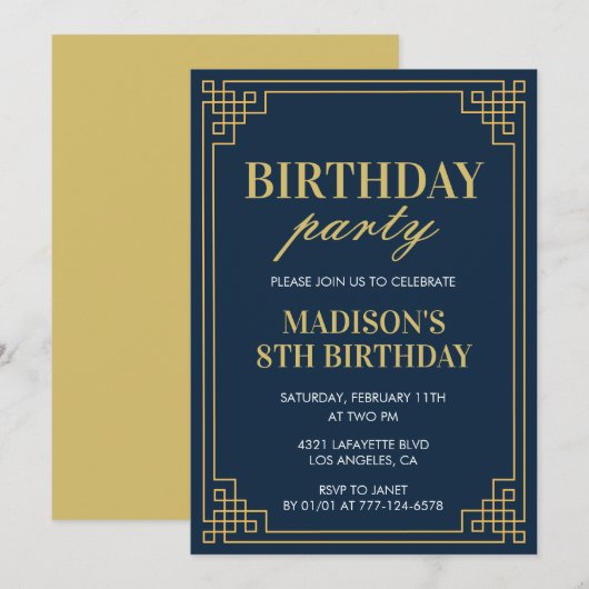 8th誕生日招待状誕生日パーティー女の子ネイビー 招待状 (正面/裏面)