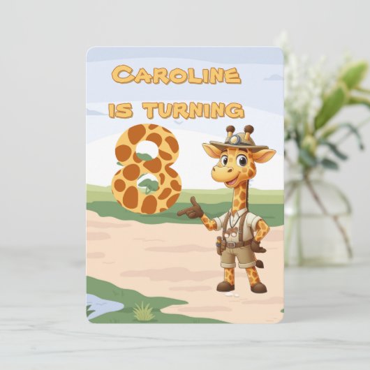 8th birthday Cute Explorer Giraffe on safari 招待状 (スタンド正面)