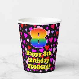 8th Birthday: Loving Hearts Pattern, Rainbow 8 紙コップ