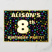 8th Birthday Party —おもしろいカラフル、Stars Pattern 箔招待状 (正面)