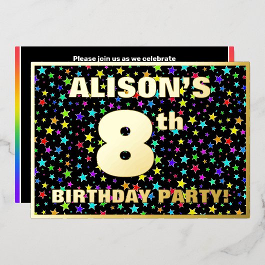 8th Birthday Party —おもしろいカラフル、Stars Pattern 箔招待状 (正面/裏面)
