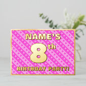 8th Birthday Party —おもしろいピンクのハートとストライプ 箔招待状 (立ち正面)