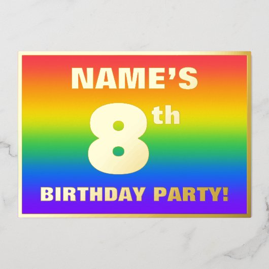 8th Birthday Party:おもしろい、レインボーカラフルパターン 箔招待状 (正面)
