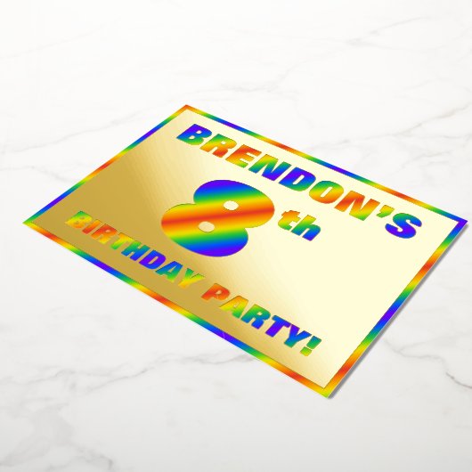 8th Birthday Party —おもしろい, Rainbow Spectrum "8" 箔招待状 (回転した状態)