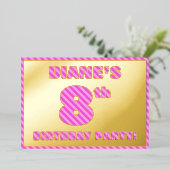 8th Birthday Party —はっきりした、おもしろい、ピンクストライプ色の 箔招待状 (立ち正面)