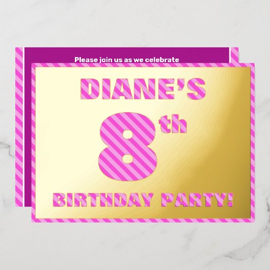 8th Birthday Party —はっきりした、おもしろい、ピンクストライプ色の 箔招待状 (正面/裏面)