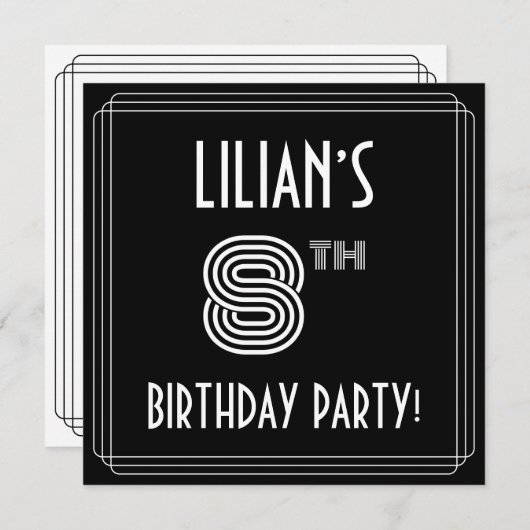 8th Birthday Party:アールデコスタイル(名前をカスタムする付) 招待状 (正面/裏面)